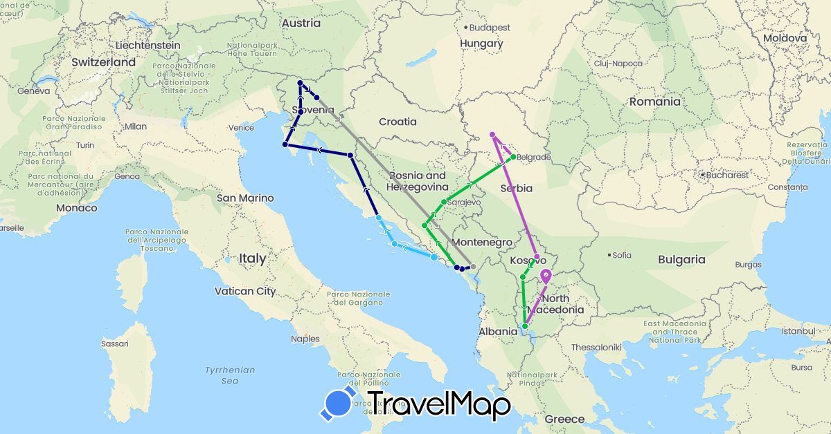 TravelMap itinerary: driving, bus, plane, train, boat in Bosnia and Herzegovina, Croatia, Montenegro, Macedonia, Serbia, Slovenia, Kosovo (Europe)